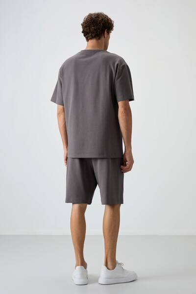 Tommylife Wholesale Crew Neck Oversize Basic Men's T-Shirt Shorts Set 85249 Dark Gray - Thumbnail
