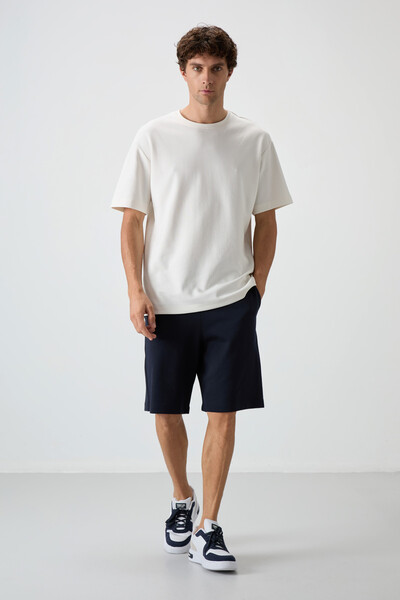 Tommylife Wholesale Crew Neck Oversize Basic Men's T-Shirt Shorts Set 85249 Ecru - Navy Blue - Thumbnail
