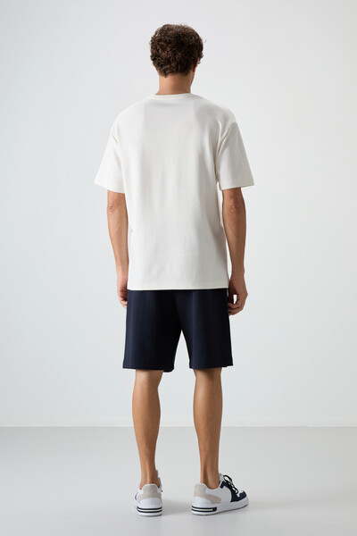 Tommylife Wholesale Crew Neck Oversize Basic Men's T-Shirt Shorts Set 85249 Ecru - Navy Blue - Thumbnail