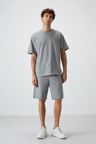 Tommylife Wholesale Crew Neck Oversize Basic Men's T-Shirt Shorts Set 85249 Gray Melange - Thumbnail