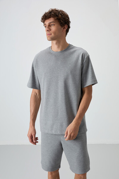 Tommylife Wholesale Crew Neck Oversize Basic Men's T-Shirt Shorts Set 85249 Gray Melange - Thumbnail