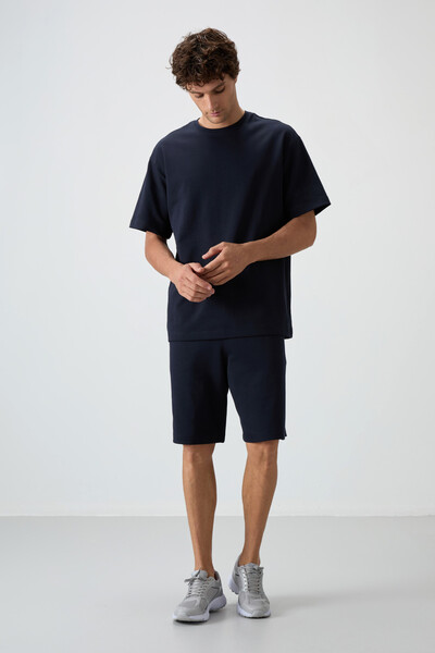 Tommylife Wholesale Crew Neck Oversize Basic Men's T-Shirt Shorts Set 85249 Navy Blue - Thumbnail