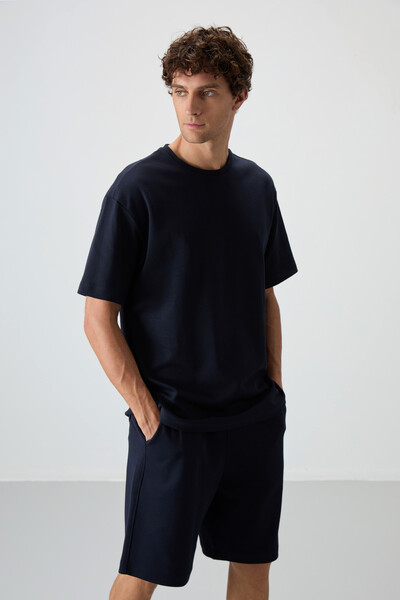 Tommylife Wholesale Crew Neck Oversize Basic Men's T-Shirt Shorts Set 85249 Navy Blue - Thumbnail