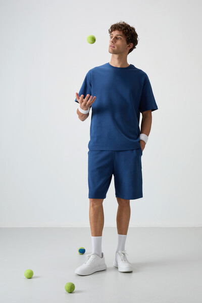 Tommylife Wholesale Crew Neck Oversize Basic Men's T-Shirt Shorts Set 85249 Parliament - Thumbnail