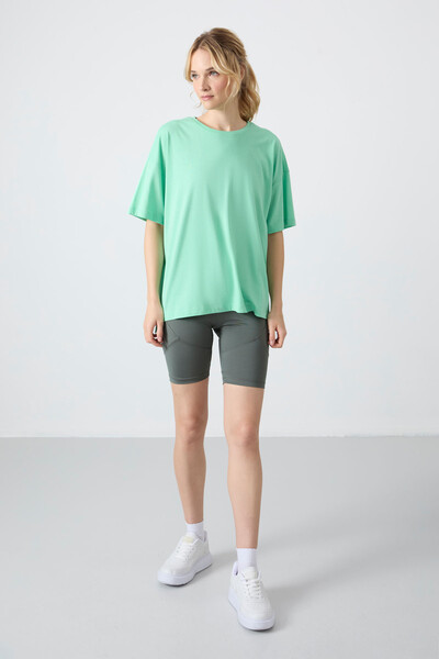 Tommylife Wholesale Crew Neck Oversize Basic Women's T-Shirt 97285 Aqua Green - Thumbnail