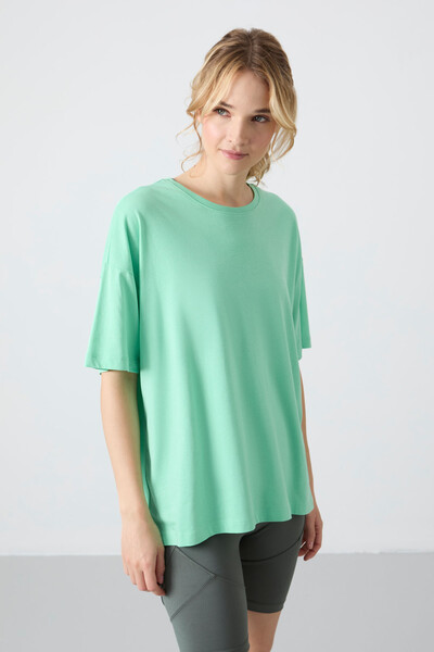 Tommylife Wholesale Crew Neck Oversize Basic Women's T-Shirt 97285 Aqua Green - Thumbnail