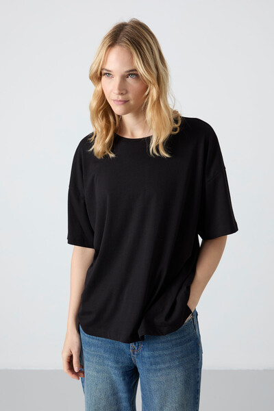 Tommylife Wholesale Crew Neck Oversize Basic Women's T-Shirt 97285 Black - Thumbnail