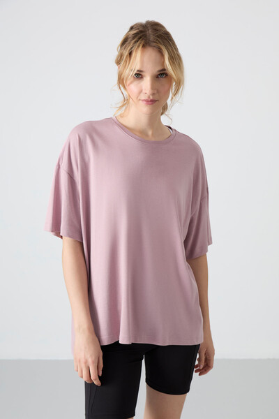 Tommylife Wholesale Crew Neck Oversize Basic Women's T-Shirt 97285 Dusty Rose - Thumbnail