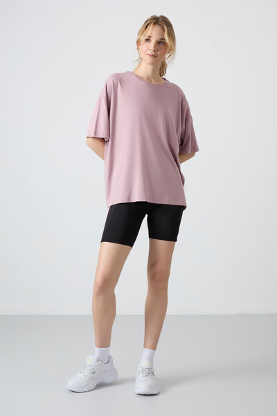 Tommylife Wholesale Crew Neck Oversize Basic Women's T-Shirt 97285 Dusty Rose - Thumbnail