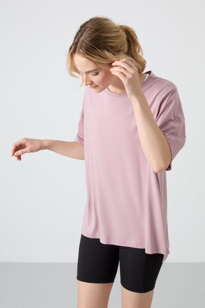 Tommylife Wholesale Crew Neck Oversize Basic Women's T-Shirt 97285 Dusty Rose - Thumbnail