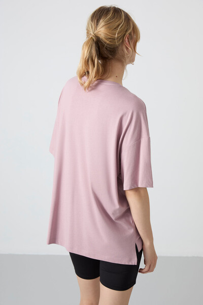 Tommylife Wholesale Crew Neck Oversize Basic Women's T-Shirt 97285 Dusty Rose - Thumbnail