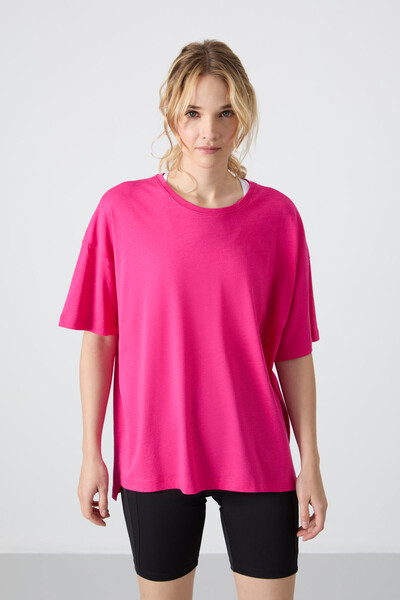 Tommylife Wholesale Crew Neck Oversize Basic Women's T-Shirt 97285 Fuchsia - Thumbnail