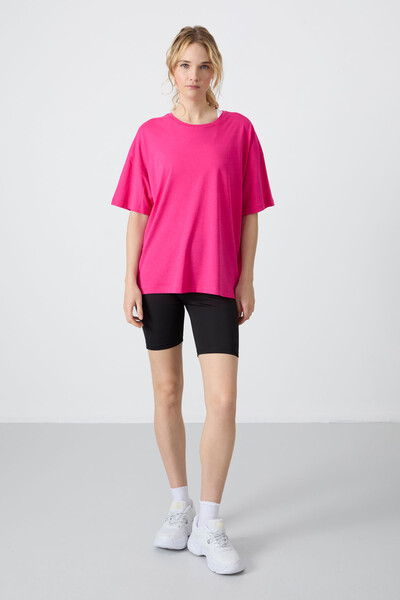 Tommylife Wholesale Crew Neck Oversize Basic Women's T-Shirt 97285 Fuchsia - Thumbnail