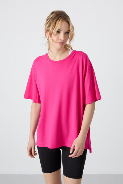 Tommylife Wholesale Crew Neck Oversize Basic Women's T-Shirt 97285 Fuchsia - Thumbnail