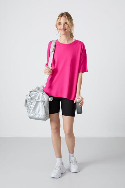 Tommylife Wholesale Crew Neck Oversize Basic Women's T-Shirt 97285 Fuchsia - Thumbnail