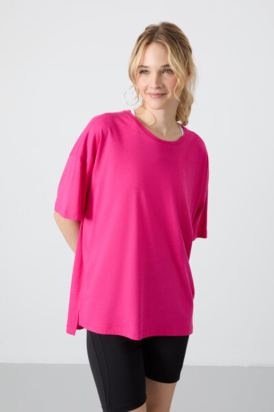 Tommylife Wholesale Crew Neck Oversize Basic Women's T-Shirt 97285 Fuchsia - Thumbnail