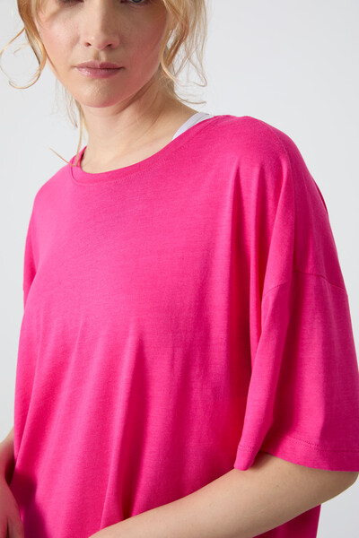 Tommylife Wholesale Crew Neck Oversize Basic Women's T-Shirt 97285 Fuchsia - Thumbnail