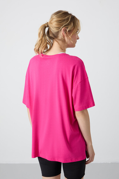 Tommylife Wholesale Crew Neck Oversize Basic Women's T-Shirt 97285 Fuchsia - Thumbnail