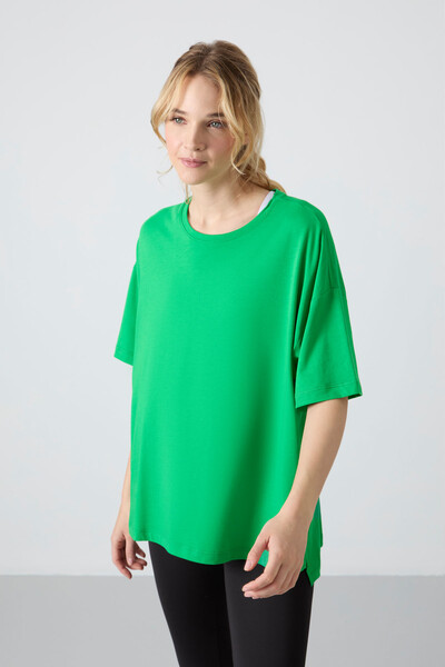 Tommylife Wholesale Crew Neck Oversize Basic Women's T-Shirt 97285 Green - Thumbnail