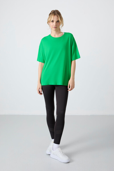 Tommylife Wholesale Crew Neck Oversize Basic Women's T-Shirt 97285 Green - Thumbnail