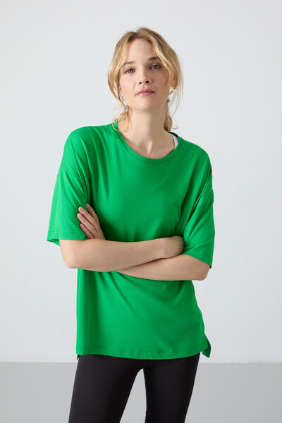 Tommylife Wholesale Crew Neck Oversize Basic Women's T-Shirt 97285 Green - Thumbnail