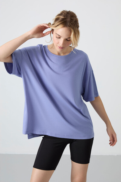 Tommylife Wholesale Crew Neck Oversize Basic Women's T-Shirt 97285 Light Amethyst - Thumbnail