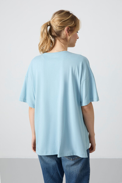 Tommylife Wholesale Crew Neck Oversize Basic Women's T-Shirt 97285 Light Blue - Thumbnail