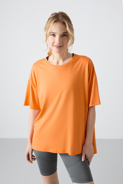 Tommylife Wholesale Crew Neck Oversize Basic Women's T-Shirt 97285 Orange - Thumbnail