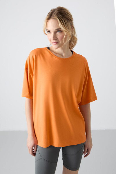 Tommylife Wholesale Crew Neck Oversize Basic Women's T-Shirt 97285 Orange - Thumbnail