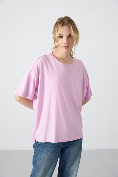 Tommylife Wholesale Crew Neck Oversize Basic Women's T-Shirt 97285 Pink - Thumbnail