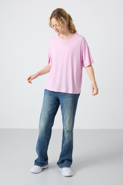 Tommylife Wholesale Crew Neck Oversize Basic Women's T-Shirt 97285 Pink - Thumbnail