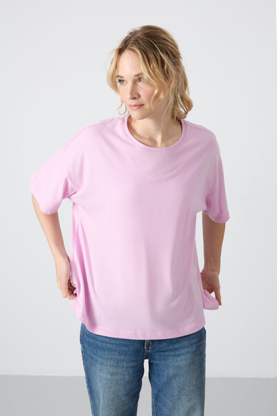 Tommylife Wholesale Crew Neck Oversize Basic Women's T-Shirt 97285 Pink - Thumbnail