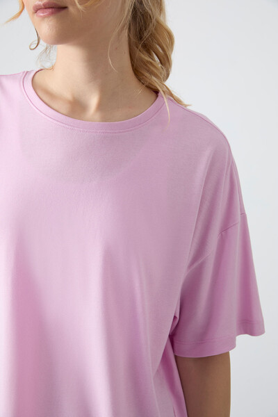 Tommylife Wholesale Crew Neck Oversize Basic Women's T-Shirt 97285 Pink - Thumbnail