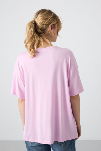 Tommylife Wholesale Crew Neck Oversize Basic Women's T-Shirt 97285 Pink - Thumbnail