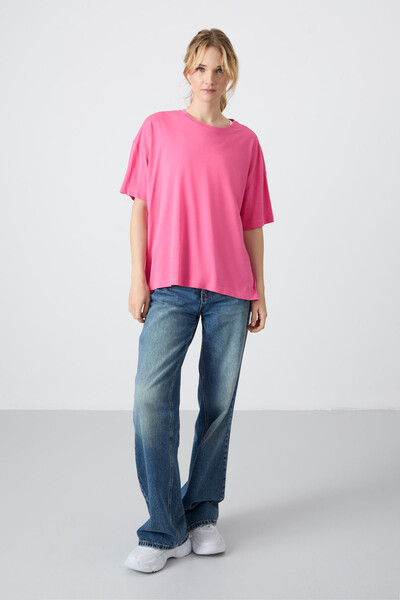 Tommylife Wholesale Crew Neck Oversize Basic Women's T-Shirt 97285 Rose - Thumbnail