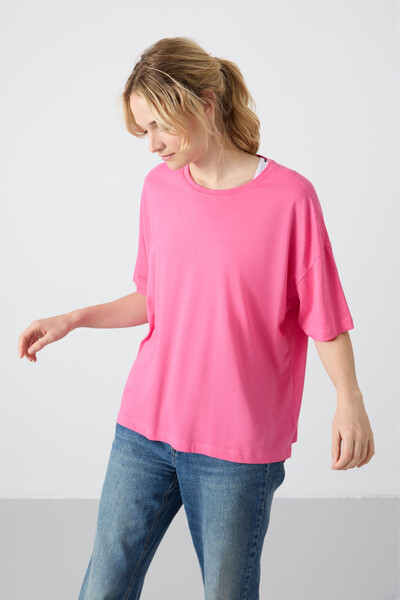 Tommylife Wholesale Crew Neck Oversize Basic Women's T-Shirt 97285 Rose - Thumbnail