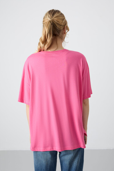 Tommylife Wholesale Crew Neck Oversize Basic Women's T-Shirt 97285 Rose - Thumbnail