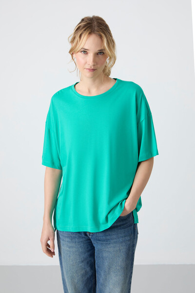 Tommylife Wholesale Crew Neck Oversize Basic Women's T-Shirt 97285 Sea Green - Thumbnail