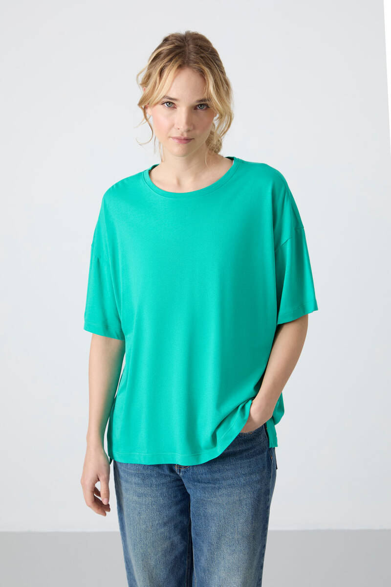 TommyLife - Tommylife Wholesale Crew Neck Oversize Basic Women's T-Shirt 97285 Sea Green