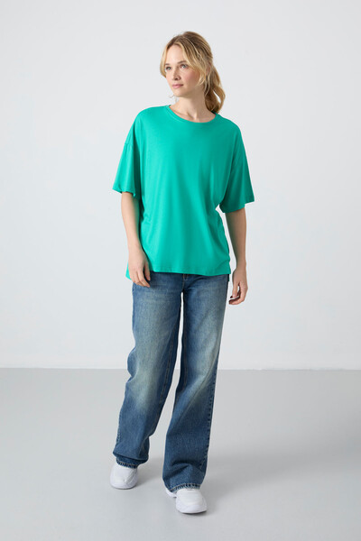 Tommylife Wholesale Crew Neck Oversize Basic Women's T-Shirt 97285 Sea Green - Thumbnail