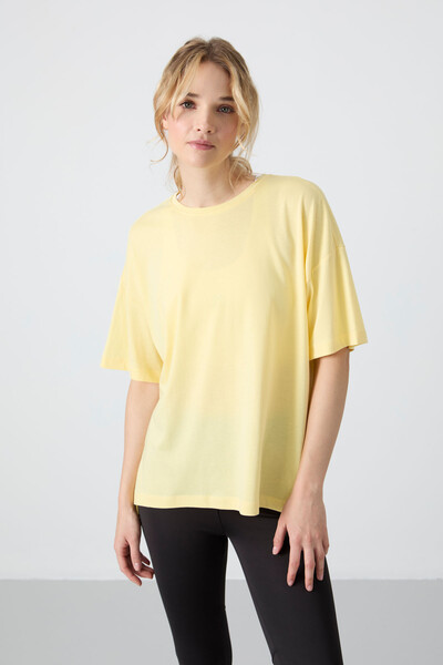 Tommylife Wholesale Crew Neck Oversize Basic Women's T-Shirt 97285 Yellow - Thumbnail