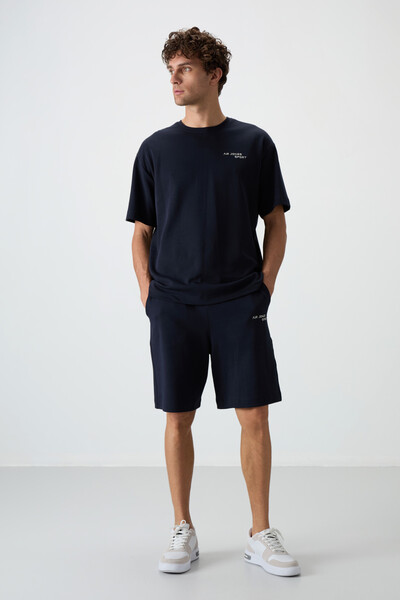 Tommylife Wholesale Crew Neck Oversize Men's T-Shirt Shorts Set 85250 Navy Blue - Thumbnail