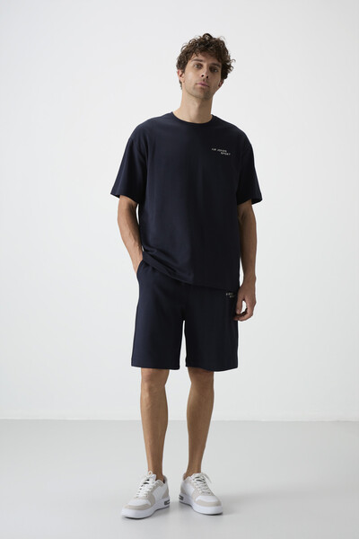 Tommylife Wholesale Crew Neck Oversize Men's T-Shirt Shorts Set 85250 Navy Blue - Thumbnail