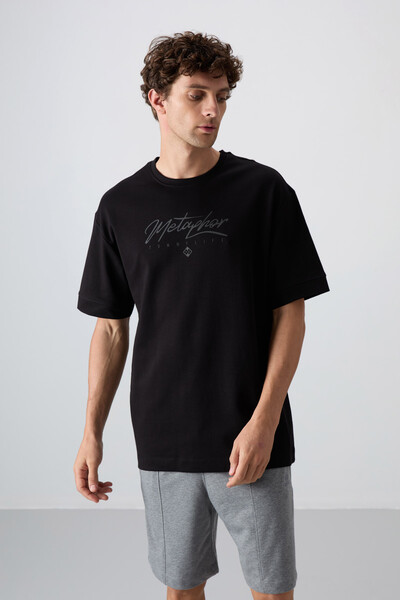 Tommylife Wholesale Crew Neck Oversize Printed Men's T-Shirt 88320 Black - Thumbnail