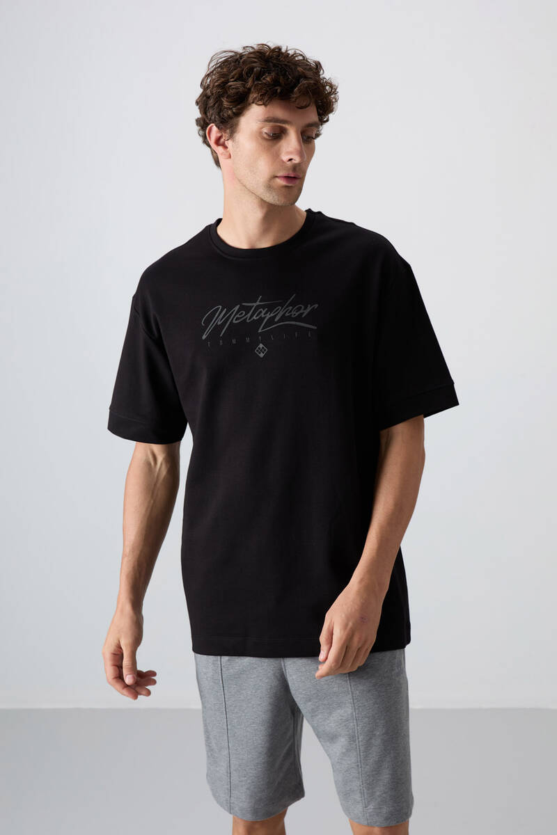 TOMMYLIFE - Tommylife Wholesale Crew Neck Oversize Printed Men's T-Shirt 88320 Black