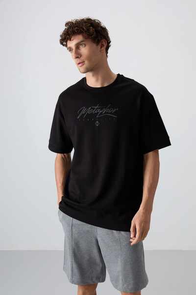 Tommylife Wholesale Crew Neck Oversize Printed Men's T-Shirt 88320 Black - Thumbnail