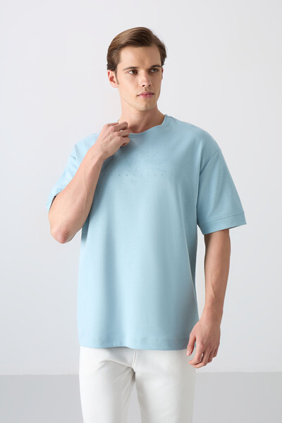 Tommylife Wholesale Crew Neck Oversize Printed Men's T-Shirt 88320 Light Blue - Thumbnail