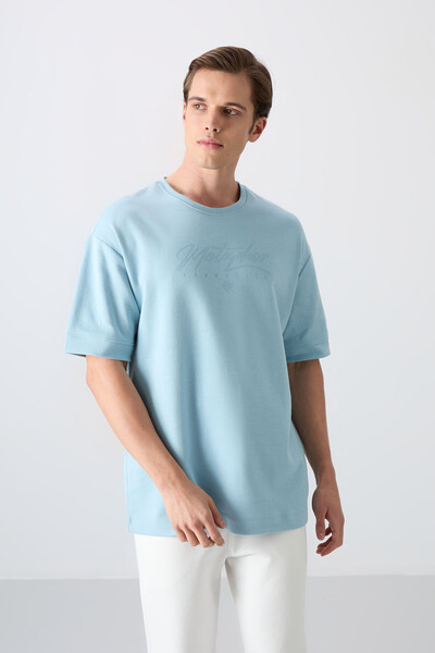 Tommylife Wholesale Crew Neck Oversize Printed Men's T-Shirt 88320 Light Blue - Thumbnail