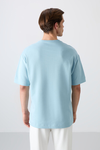 Tommylife Wholesale Crew Neck Oversize Printed Men's T-Shirt 88320 Light Blue - Thumbnail