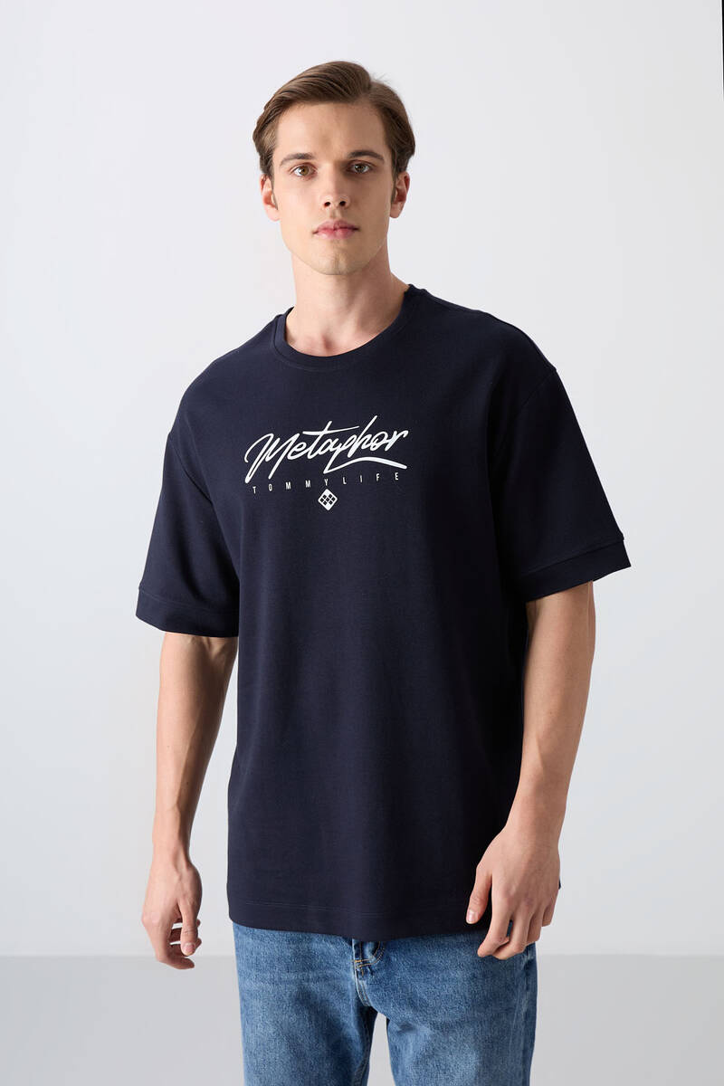 TOMMYLIFE - Tommylife Wholesale Crew Neck Oversize Printed Men's T-Shirt 88320 Navy Blue